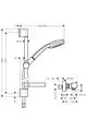 Brausesystem von Hansgrohe mit Thermostat und Brausestange. Technische Zeichnung mit Maßen und Anschlussdetails. Anpassbare Funktionen für Wasserdurchfluss und Höhe.